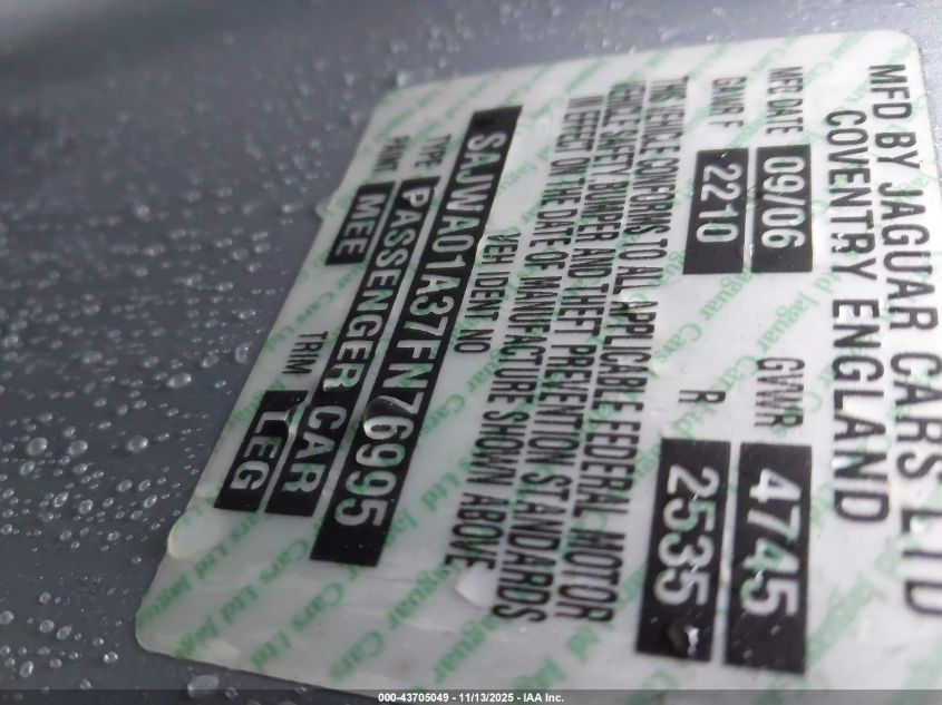 2007 Jaguar S-Type 3.0 V6 VIN: SAJWA01A37FN76995 Lot: 43705049