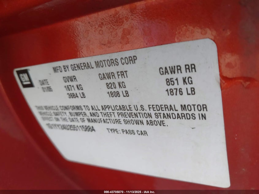 2005 Chevrolet Corvette VIN: 1G1YY24U255115884 Lot: 43705070