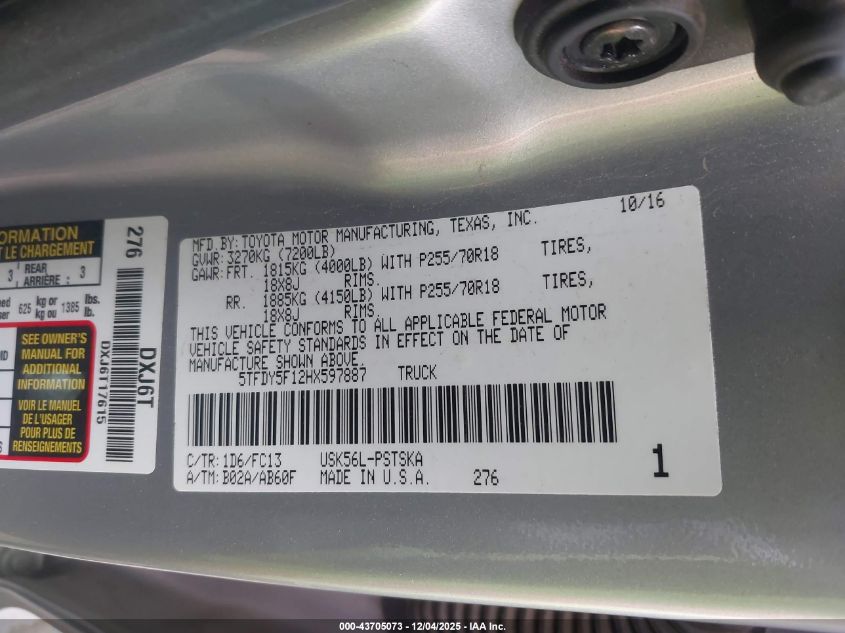 2017 Toyota Tundra Sr5 5.7L V8 VIN: 5TFDY5F12HX597887 Lot: 43705073