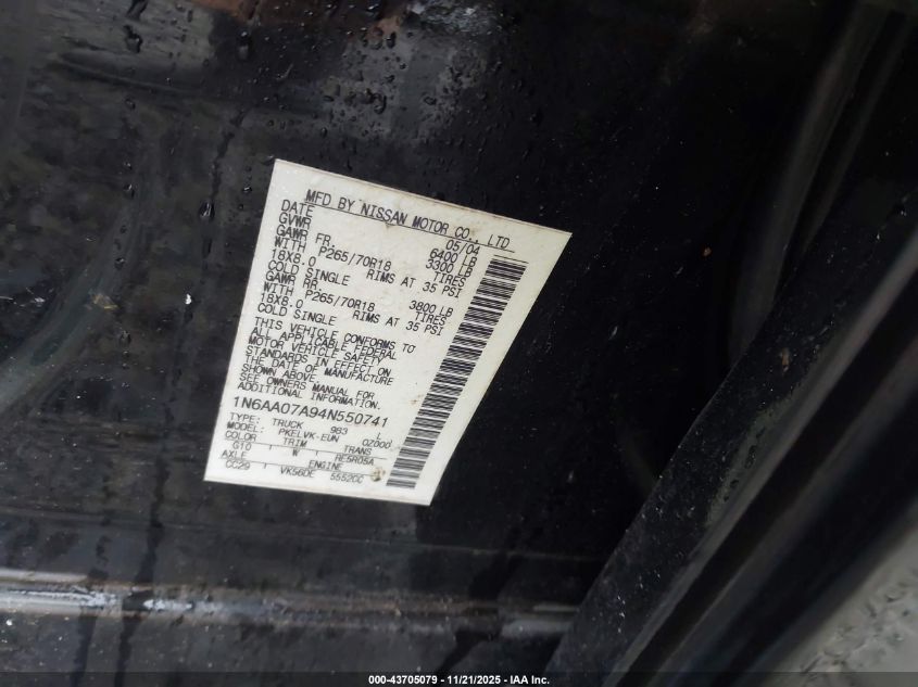 2004 Nissan Titan Le VIN: 1N6AA07A94N550741 Lot: 43705079