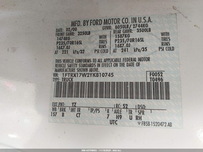 2000 Ford F-150 Lariat/Work Series/Xl/Xlt VIN: 1FTRX17W2YKB10745 Lot: 43705083