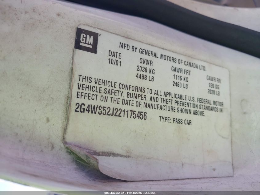 2002 Buick Century Custom VIN: 2G4WS52J221175456 Lot: 43705122