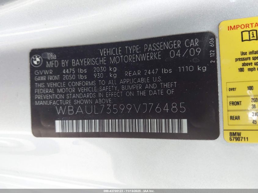 2009 BMW 128I VIN: WBAUL73599VJ76485 Lot: 43705123