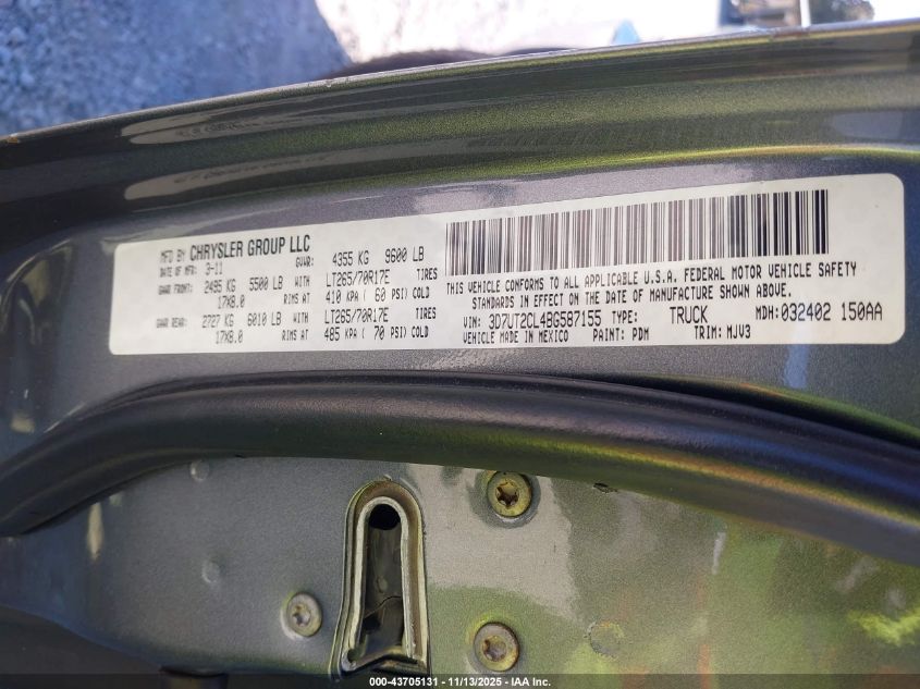 2011 Ram Ram 2500 Slt VIN: 3D7UT2CL4BG587155 Lot: 43705131