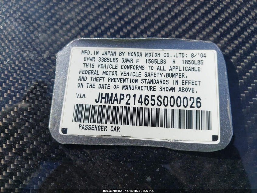 2005 Honda S2000 VIN: JHMAP21465S000026 Lot: 43705151