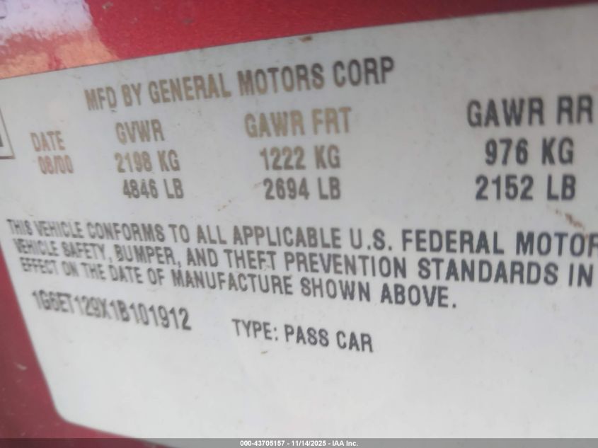 2001 Cadillac Eldorado Etc VIN: 1G6ET129X1B101912 Lot: 43705157