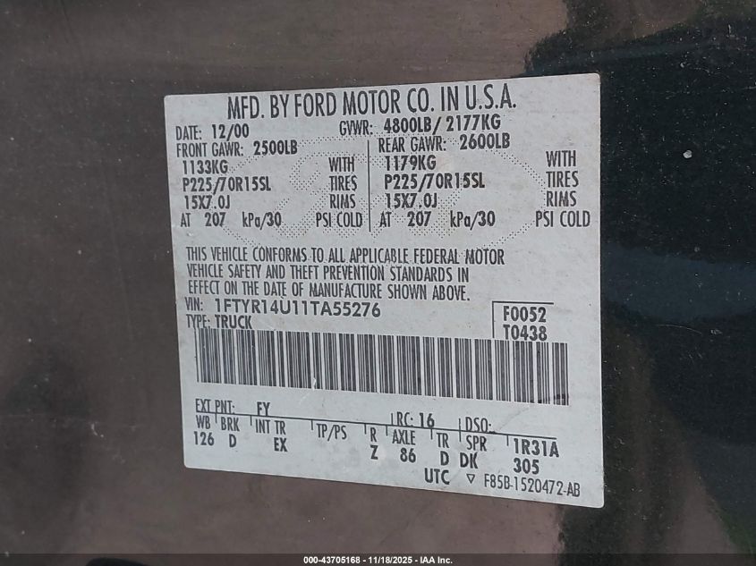 2001 Ford Ranger Edge/Xl/Xlt VIN: 1FTYR14U11TA55276 Lot: 43705168