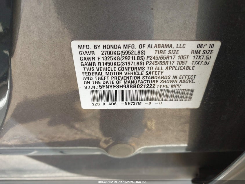 5FNYF3H98BB021222 2011 HONDA PILOT photo no. 9