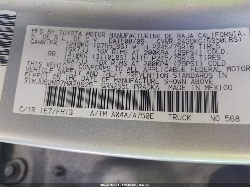 2007 Toyota Tacoma Prerunner V6 VIN: 3TMJU62N97M028925 Lot: 43705171