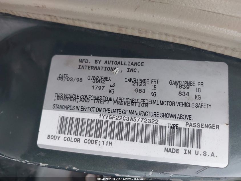 1998 Mazda 626 Dx/Lx VIN: 1YVGF22C3W5772322 Lot: 43705183