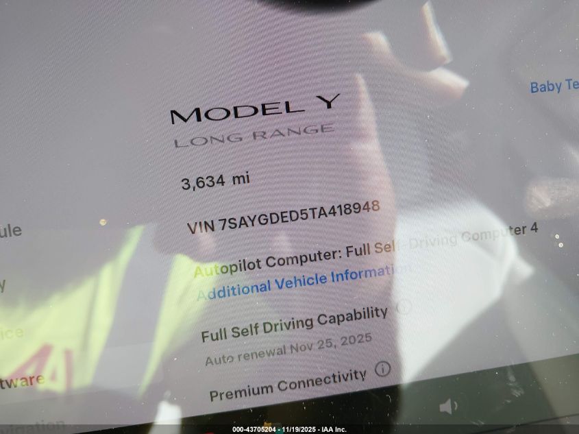 2026 Tesla Model Y Long Range Dual Motor All-Wheel Drive VIN: 7SAYGDED5TA418948 Lot: 43705204