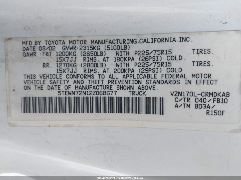 2002 Toyota Tacoma Base V6 VIN: 5TEWN72N12Z068677 Lot: 43705209