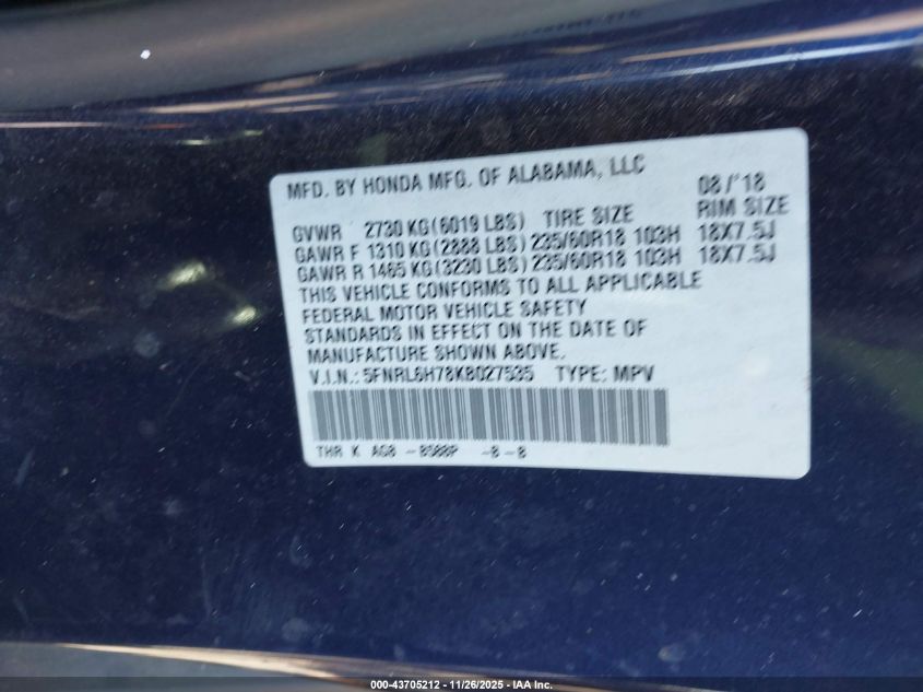 2019 Honda Odyssey Ex-L VIN: 5FNRL6H78KB027535 Lot: 43705212