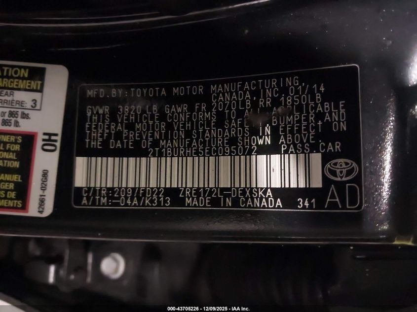 2014 Toyota Corolla L/Le/Le Pls/Prm/S/S Pls VIN: 2T1BURHE5EC095072 Lot: 43705226