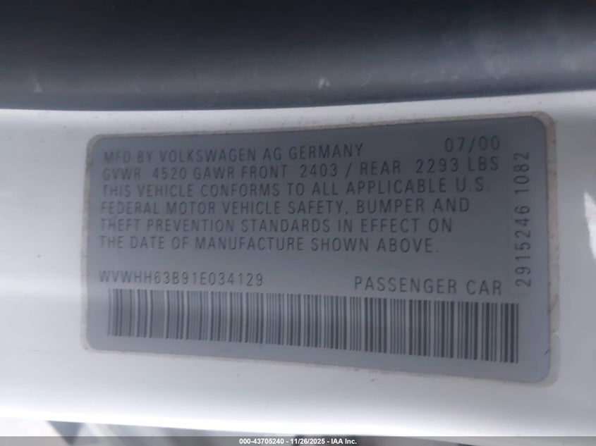 2001 Volkswagen Passat Gls V6 VIN: WVWHH63B91E034129 Lot: 43705240