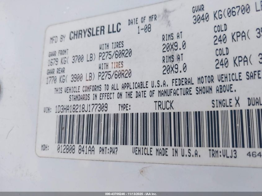 2008 Dodge Ram 1500 Laramie VIN: 1D3HA18218J177309 Lot: 43705246