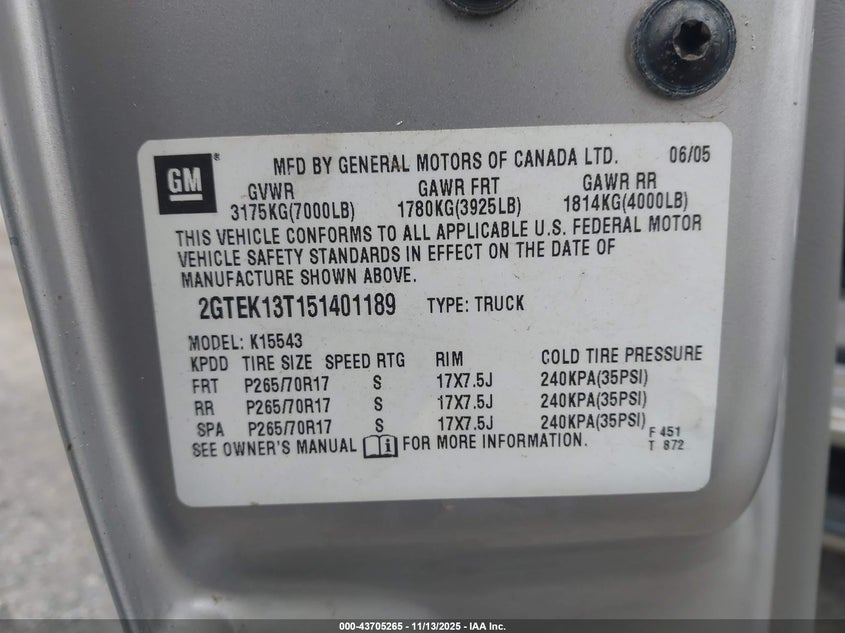 2005 GMC Sierra 1500 Slt VIN: 2GTEK13T151401189 Lot: 43705265