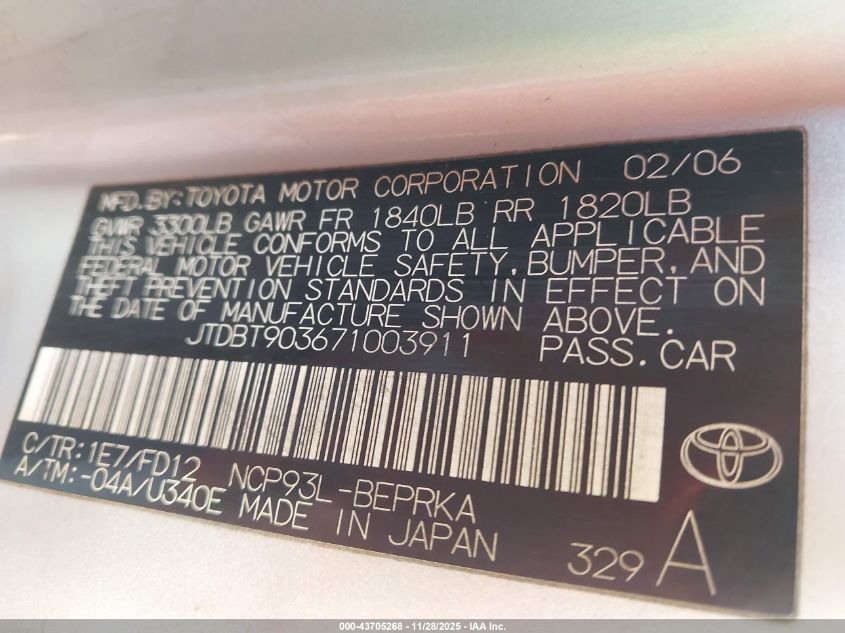 2007 Toyota Yaris S VIN: JTDBT903671003911 Lot: 43705268