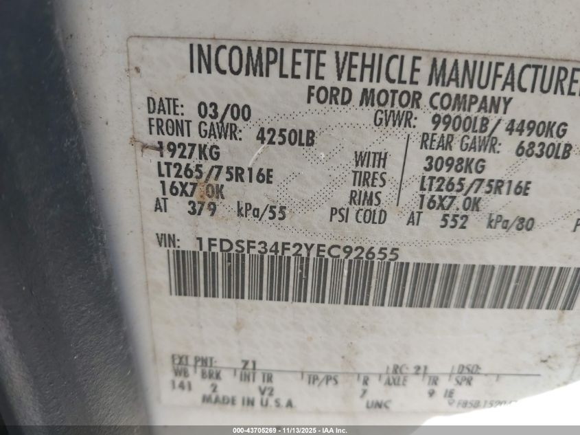 2000 Ford F-350 Chassis Lariat/Xl/Xlt VIN: 1FDSF34F2YEC92655 Lot: 43705269