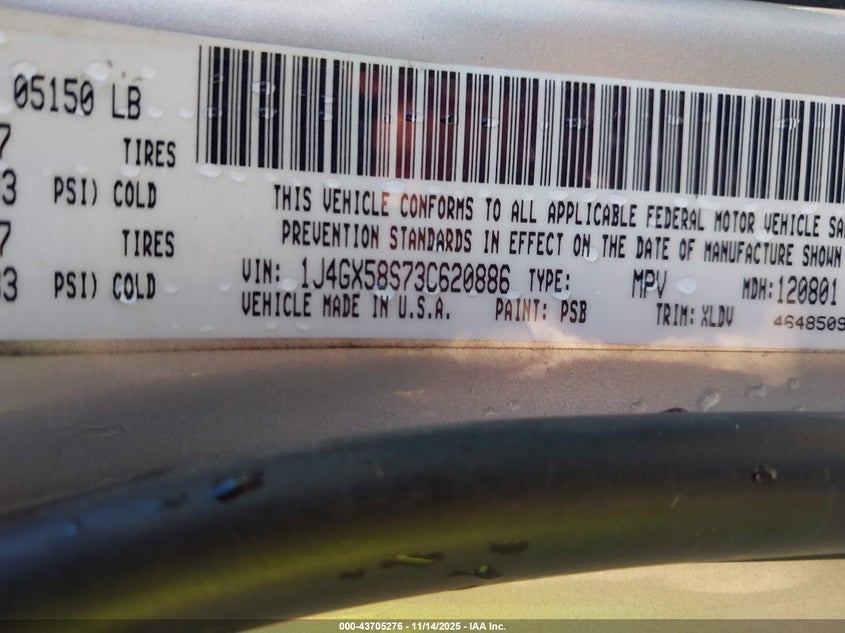 2003 Jeep Grand Cherokee Limited VIN: 1J4GX58S73C620886 Lot: 43705276