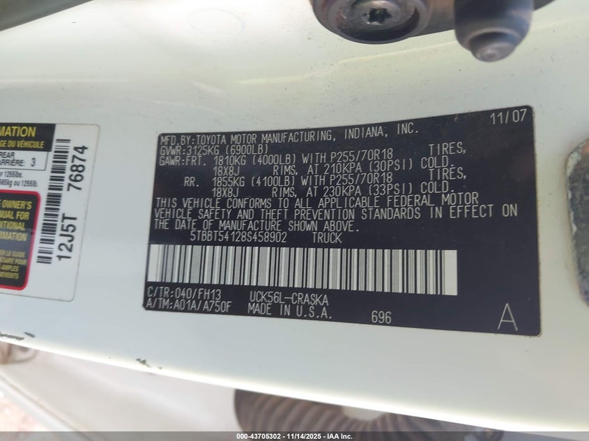 5TBBT54128S458902 2008 TOYOTA TUNDRA photo no. 9