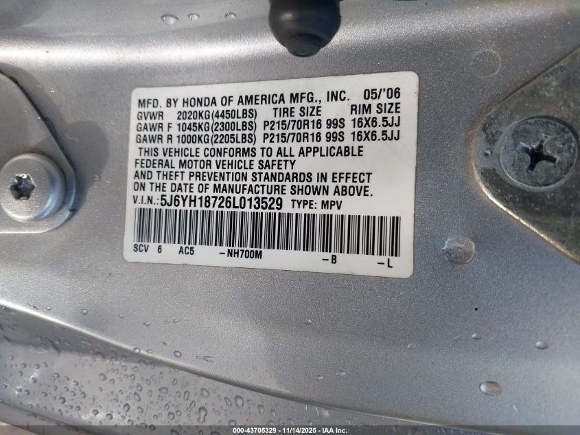 2006 Honda Element Ex-P VIN: 5J6YH18726L013529 Lot: 43705329