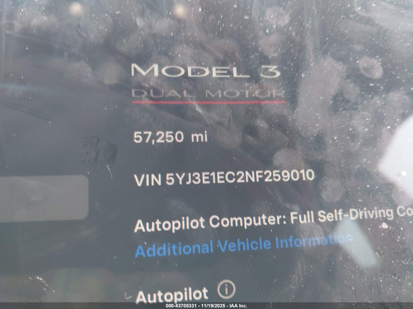 2022 Tesla Model 3 Performance Dual Motor All-Wheel Drive VIN: 5YJ3E1EC2NF259010 Lot: 43705331