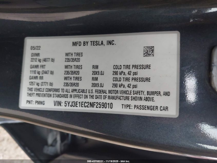 2022 Tesla Model 3 Performance Dual Motor All-Wheel Drive VIN: 5YJ3E1EC2NF259010 Lot: 43705331