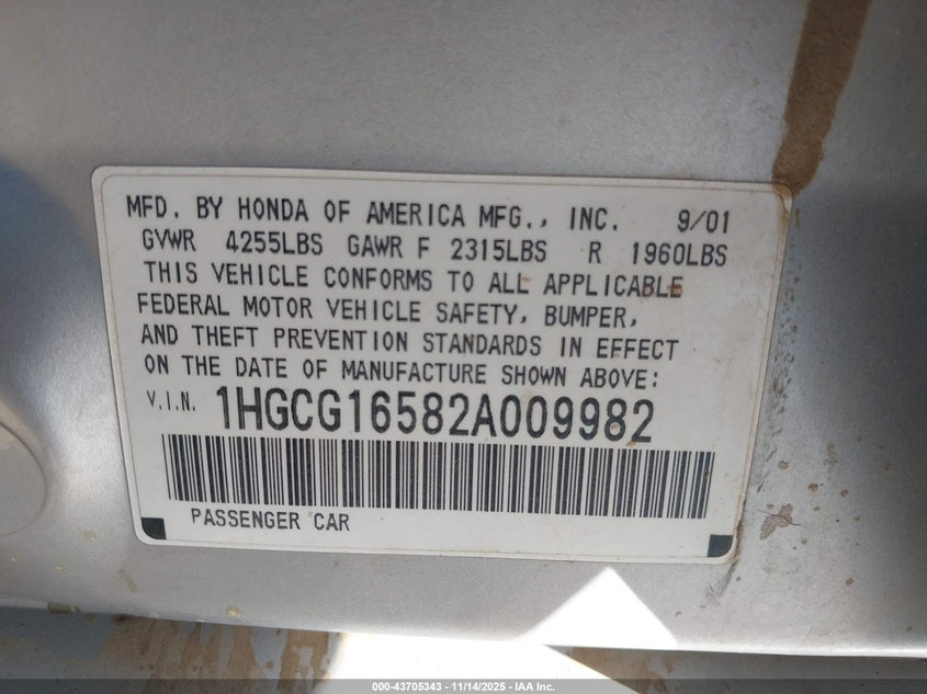 1HGCG16582A009982 2002 HONDA ACCORD photo no. 9