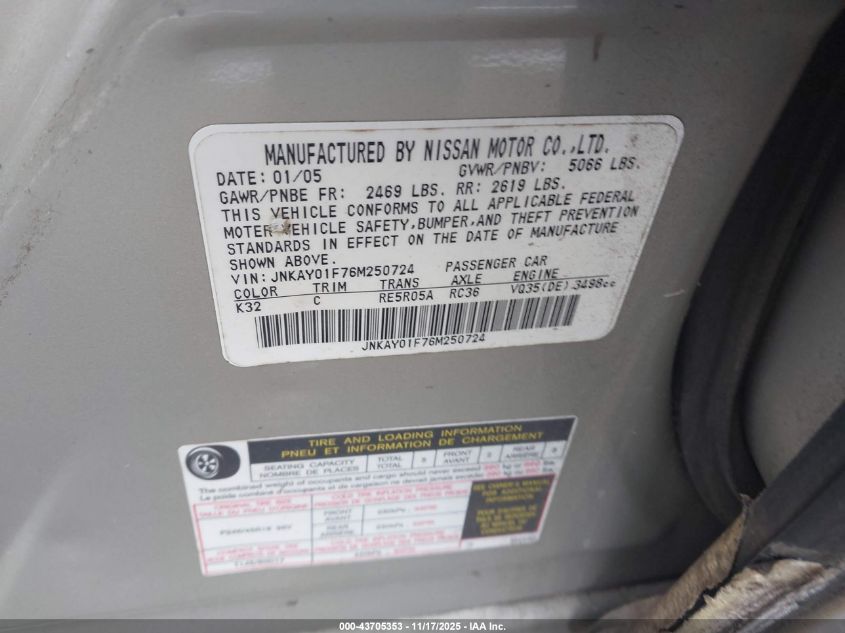 2006 Infiniti M35X VIN: JNKAY01F76M250724 Lot: 43705353