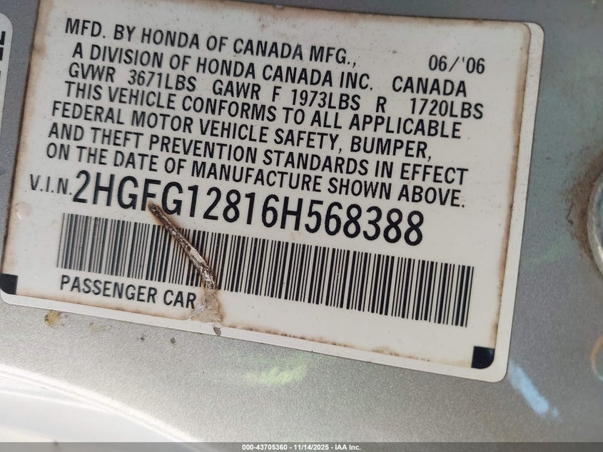 2HGFG12816H568388 2006 HONDA CIVIC photo no. 9