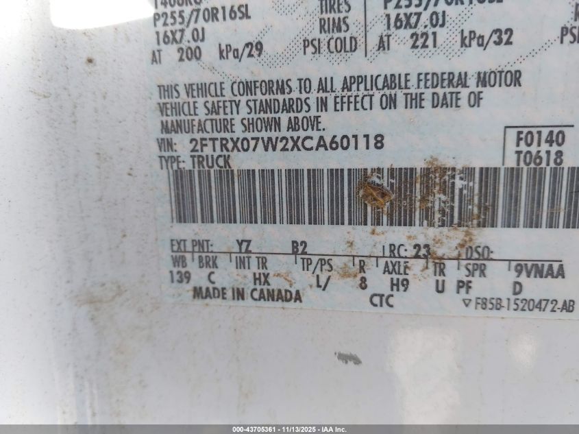 1999 Ford F-150 Lariat/Xl/Xlt VIN: 2FTRX07W2XCA60118 Lot: 43705361