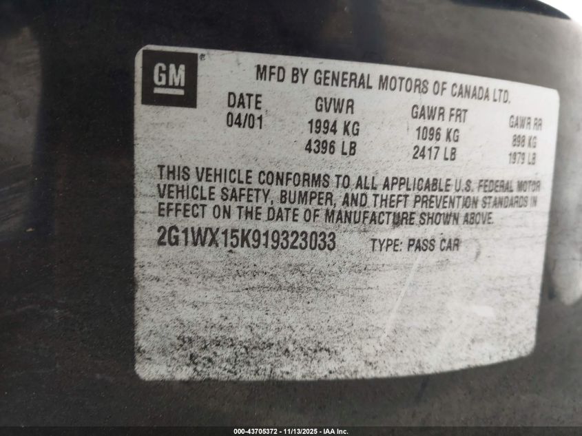 2001 Chevrolet Monte Carlo Ss VIN: 2G1WX15K919323033 Lot: 43705372