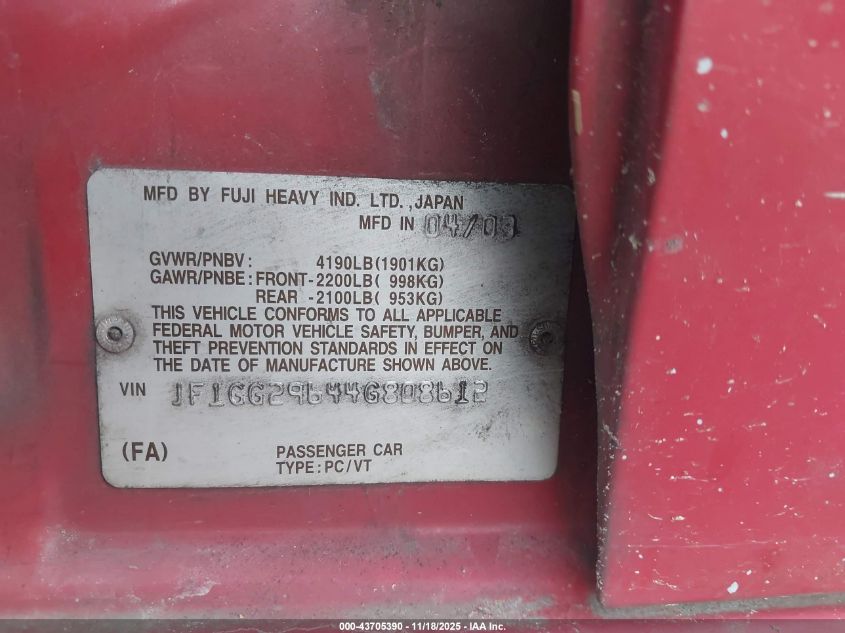 2004 Subaru Impreza Wrx VIN: JF1GG29644G808612 Lot: 43705390