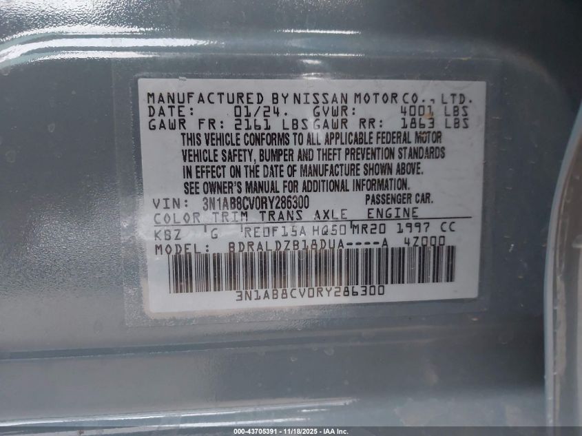 2024 Nissan Sentra Sv Xtronic Cvt VIN: 3N1AB8CV0RY286300 Lot: 43705391