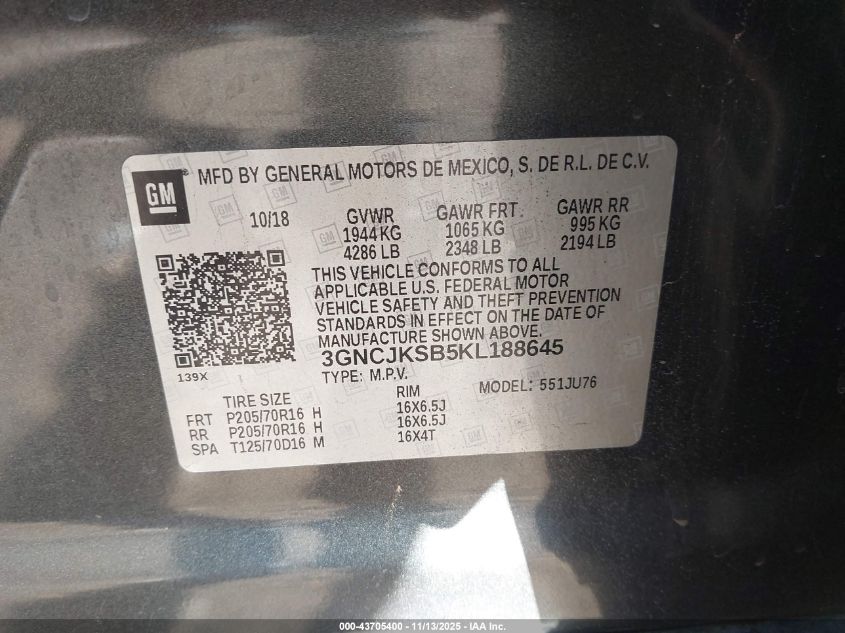 2019 Chevrolet Trax Ls VIN: 3GNCJKSB5KL188645 Lot: 43705400