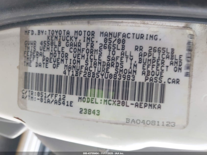 4T1BF28B5YU083983 2000 TOYOTA AVALON photo no. 9