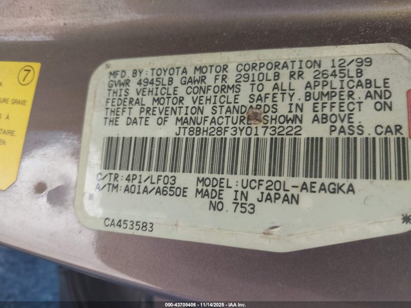 2000 Lexus Ls 400 VIN: JT8BH28F3Y0173222 Lot: 43705406