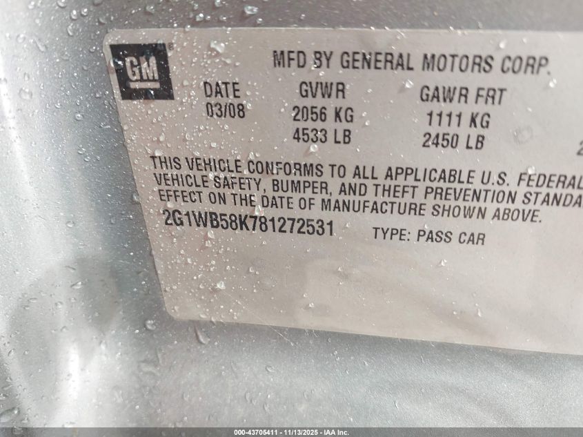 2008 Chevrolet Impala Ls VIN: 2G1WB58K781272531 Lot: 43705411