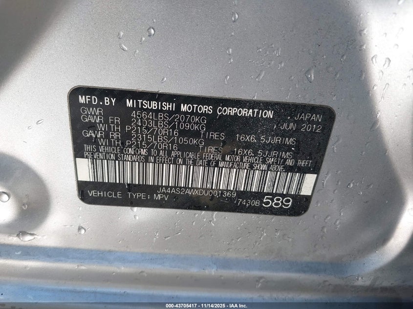 JA4AS2AWXDU001369 2013 MITSUBISHI OUTLANDER photo no. 9