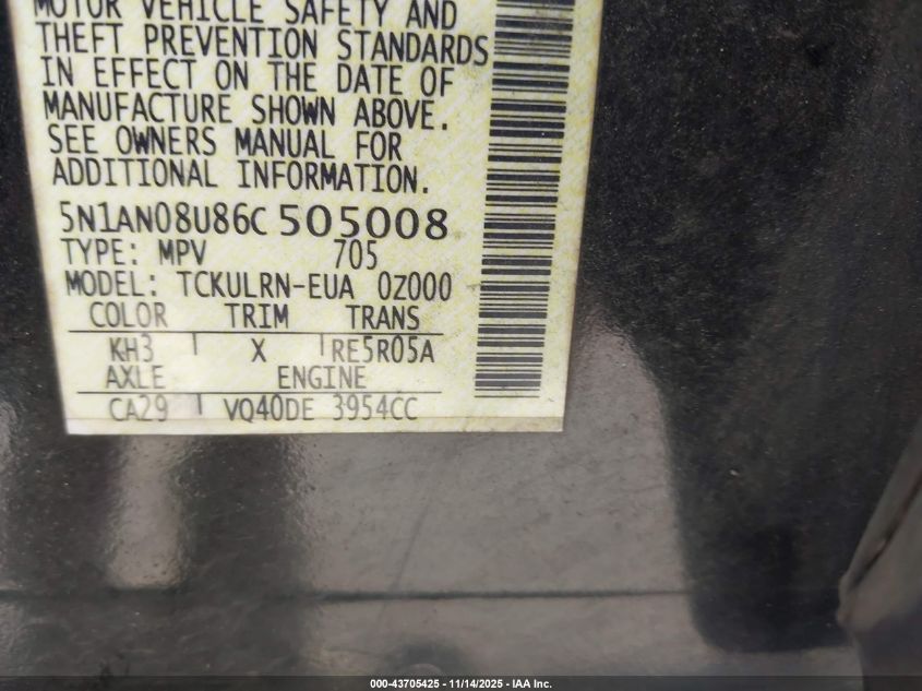 2006 Nissan Xterra S VIN: 5N1AN08U86C505008 Lot: 43705425