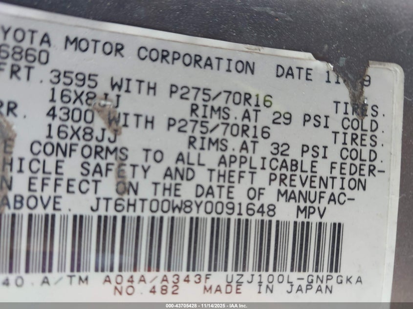 2000 Lexus Lx 470 VIN: JT6HT00W8Y0091648 Lot: 43705428