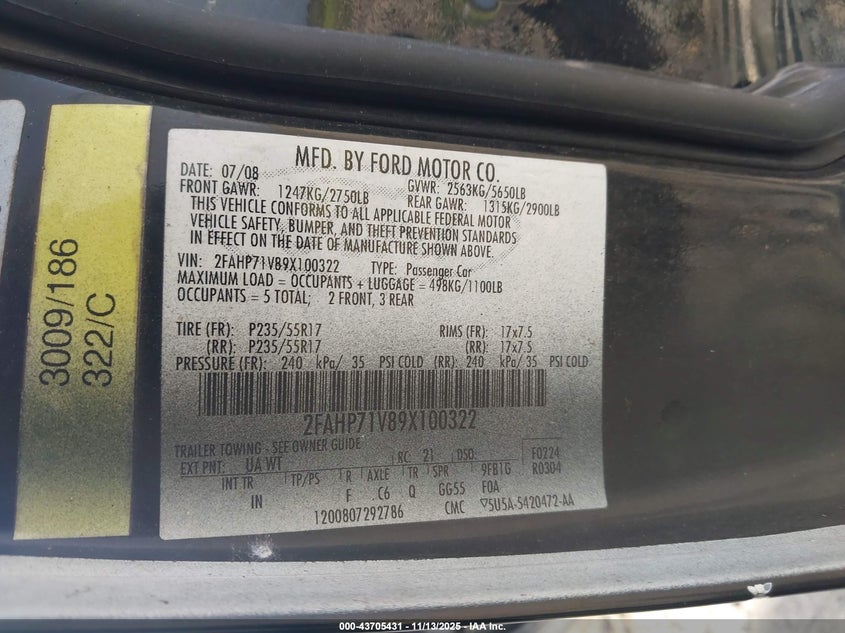 2009 Ford Crown Victoria Police/Police Interceptor VIN: 2FAHP71V89X100322 Lot: 43705431