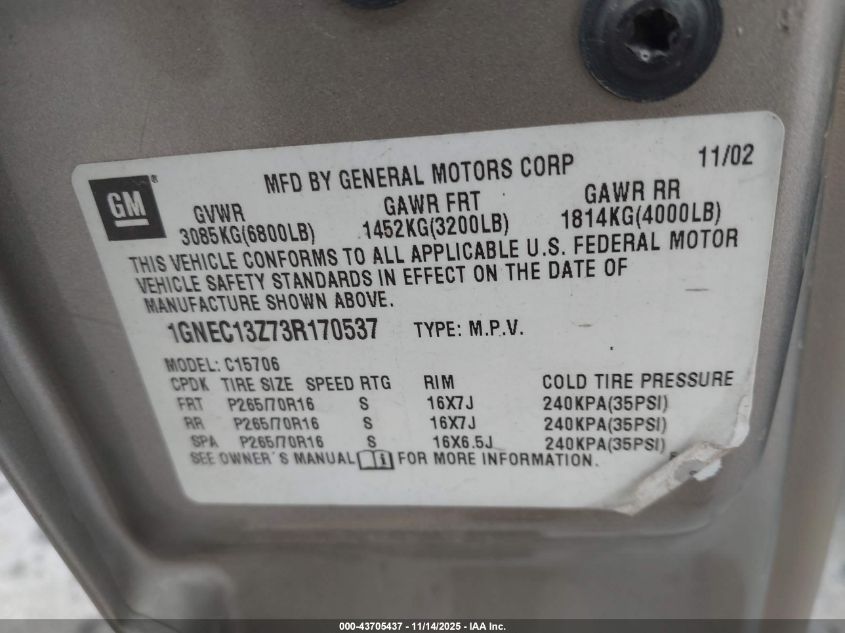 2003 Chevrolet Tahoe Ls VIN: 1GNEC13Z73R170537 Lot: 43705437