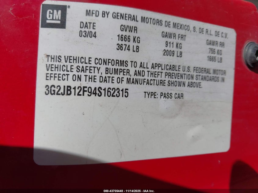 2004 Pontiac Sunfire VIN: 3G2JB12F94S162315 Lot: 43705448