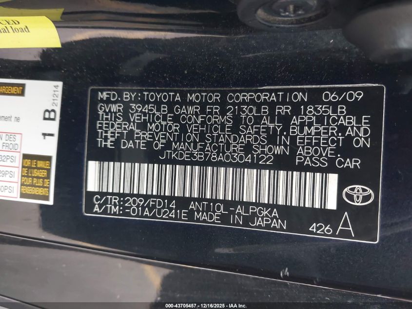 2010 Scion Tc VIN: JTKDE3B78A0304122 Lot: 43705457