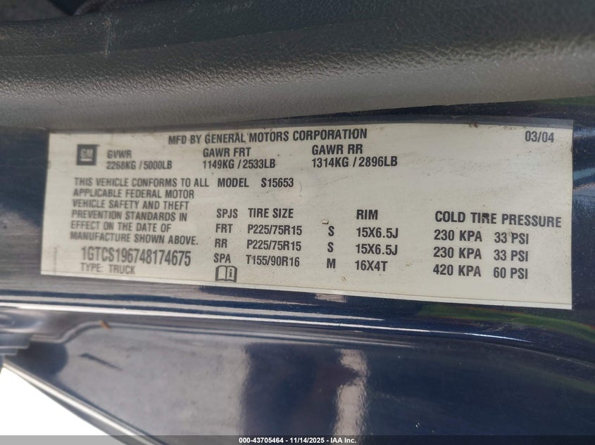 1GTCS196748174675 2004 GMC CANYON photo no. 9