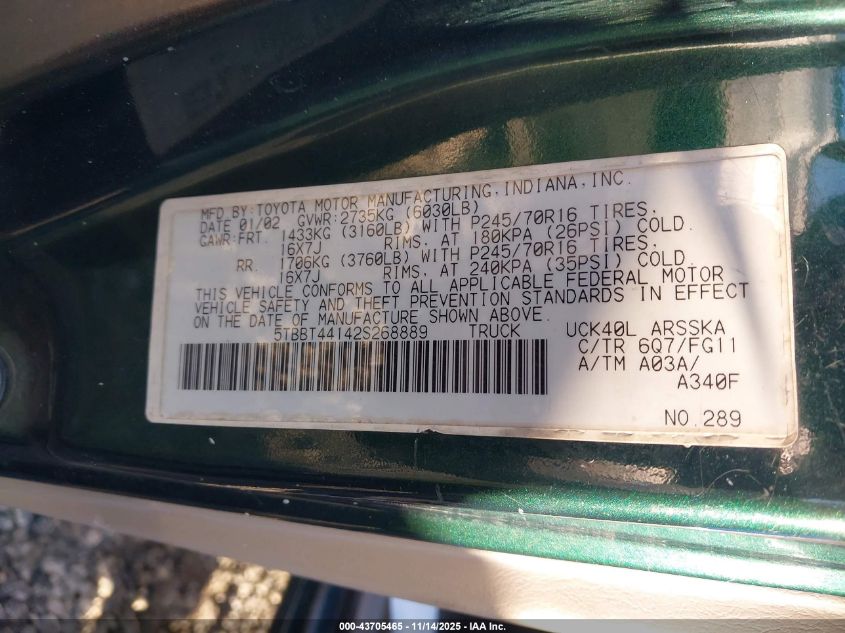 2002 Toyota Tundra Sr5 V8 VIN: 5TBBT44142S268889 Lot: 43705465