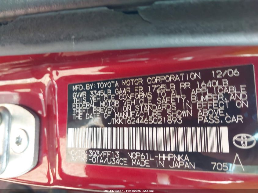 2006 Scion Xa VIN: JTKKT624465021893 Lot: 43705477