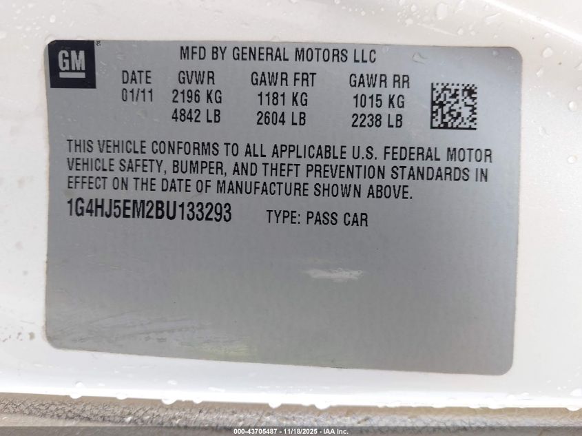 2011 Buick Lucerne Cxl Premium VIN: 1G4HJ5EM2BU133293 Lot: 43705487